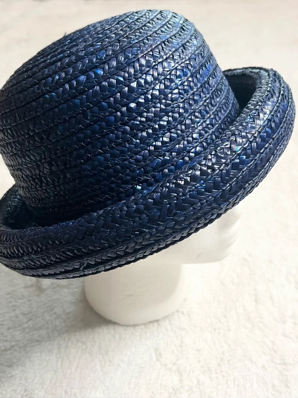 Vintage Navy Blue Braided Straw Rolled Brim Bowler Hat